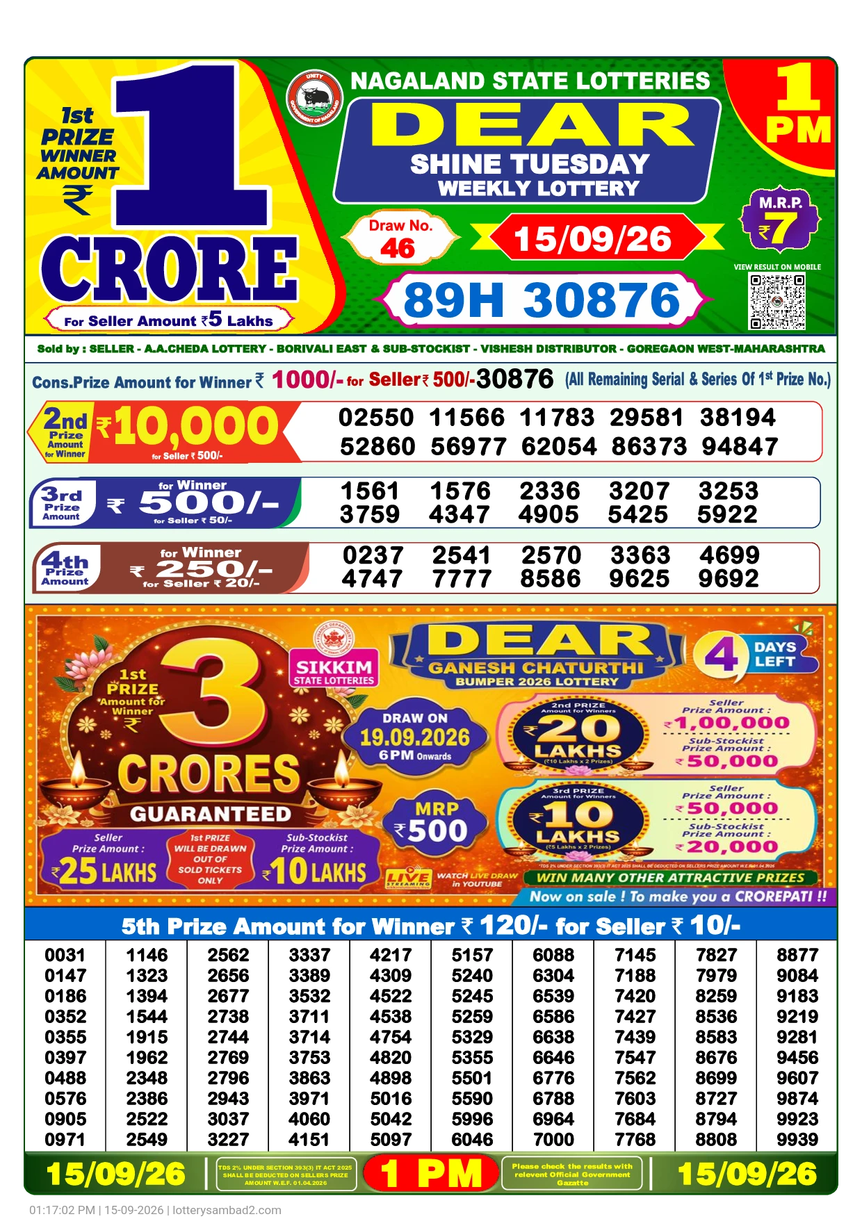 Lottery Sambad Result 1 PM 15 September, 2026
