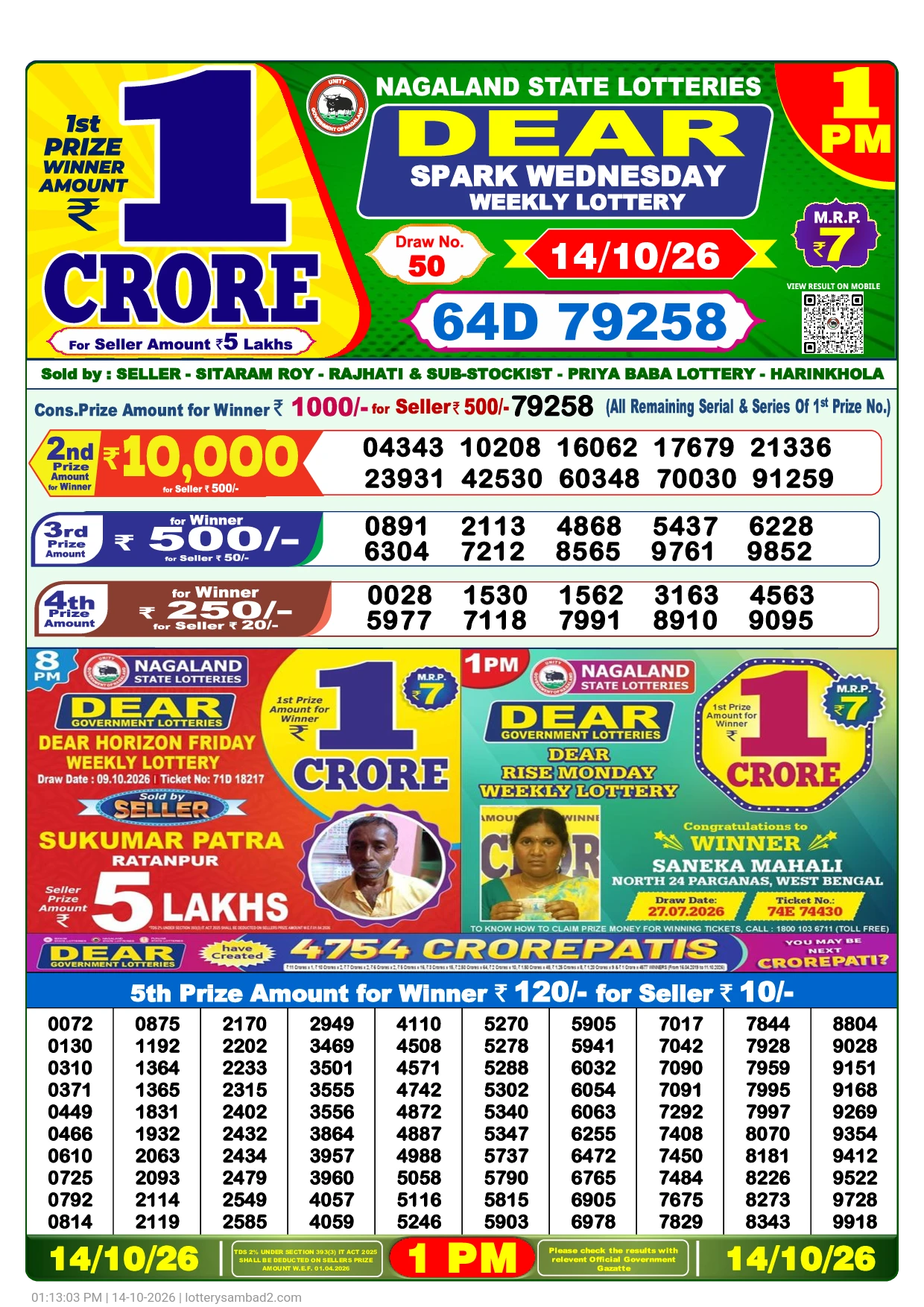 Lottery Sambad Result 1 PM 14 October, 2026