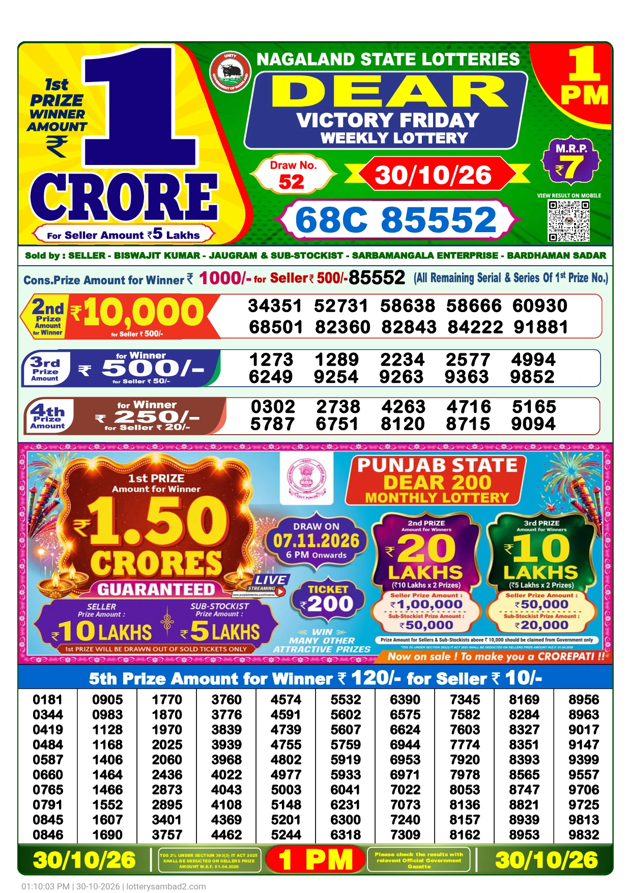 Lottery Sambad Result 1 PM 30 October, 2026