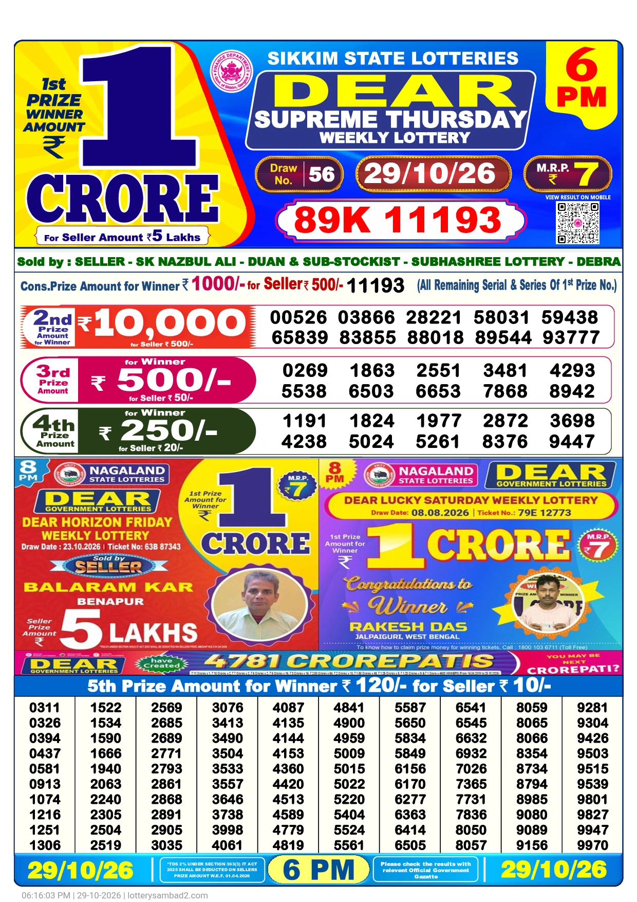 Lottery Sambad Result 6 PM 29 October, 2026