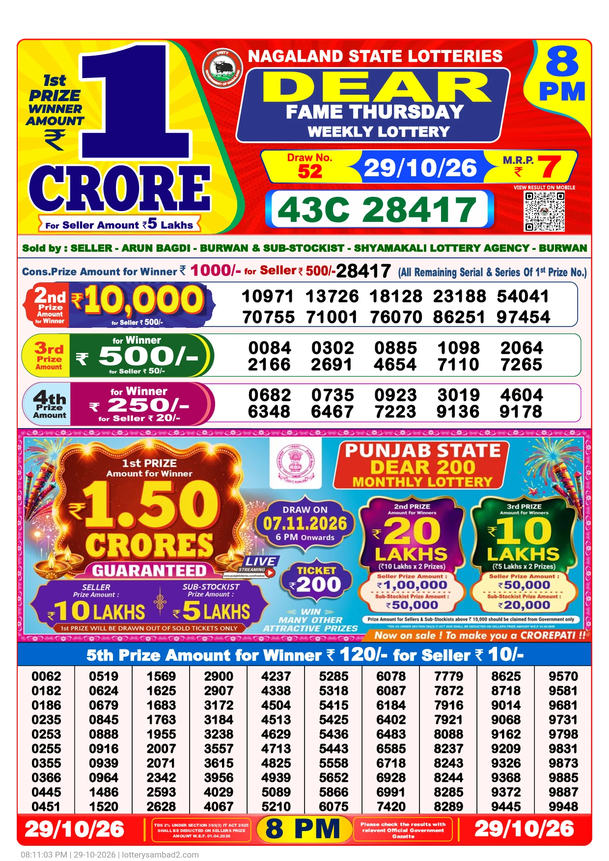 Lottery Sambad Result 8 PM 29 October, 2026
