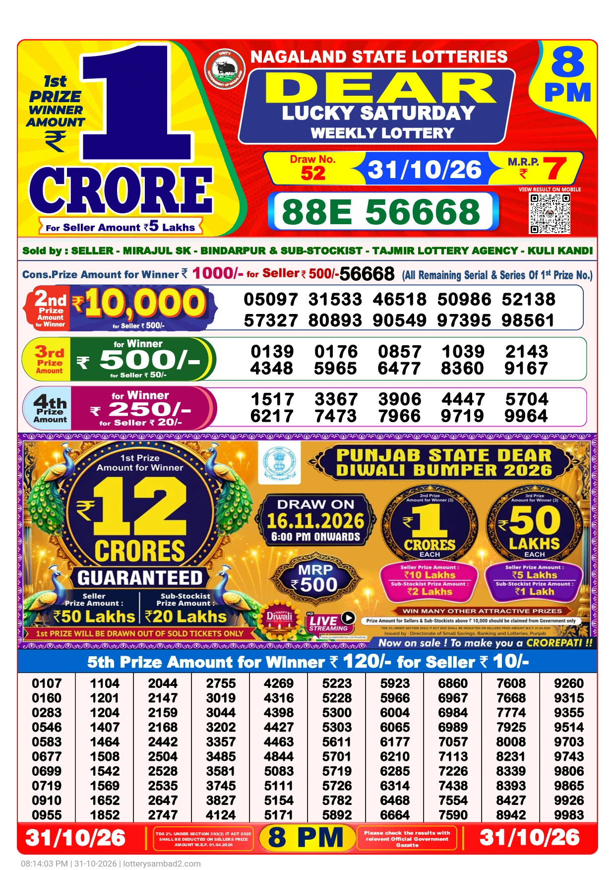 Lottery Sambad Result 8 PM 31 October, 2026